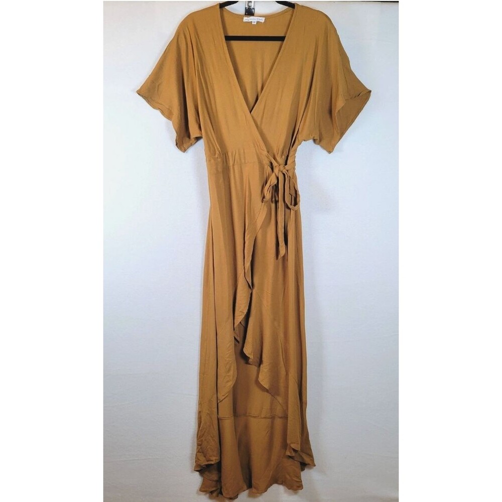 Young Fabulous & Broke Maxi Dress M Brown Wrap Front High Low Ruffle Boho Rayon